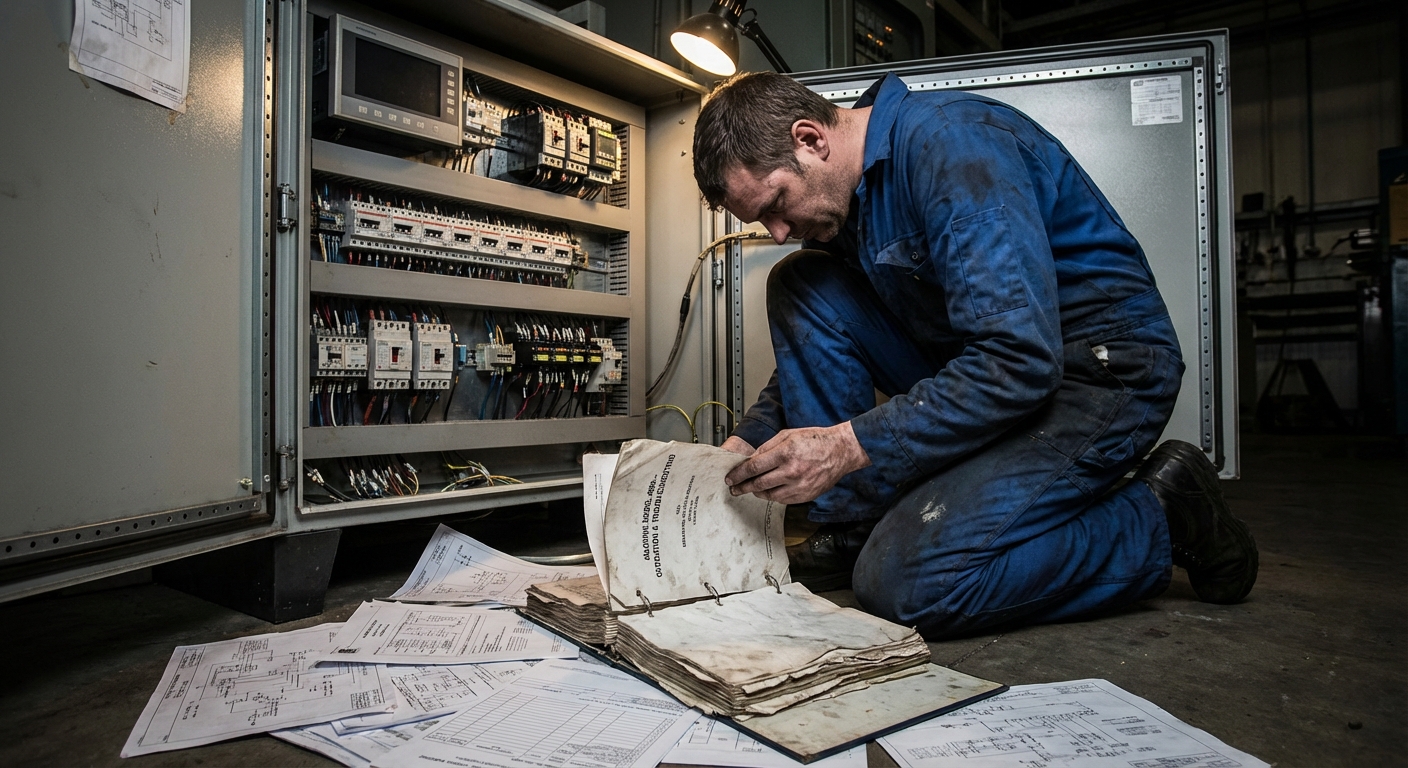 Frustrated field service technician surrounded by paper manuals